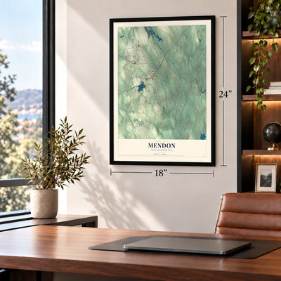 Mendon, Massachusetts map, 18 x 24 inch print in a black frame in a home office