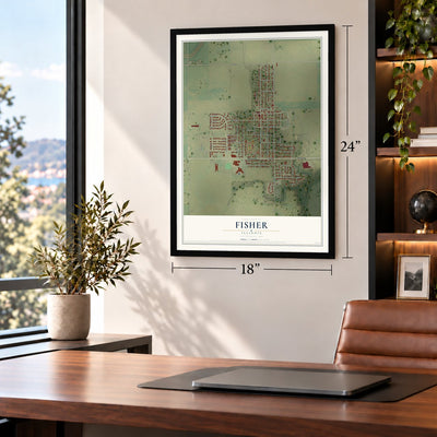 Fisher, Illinois map, 18 x 24 inch print in a black frame in a home office