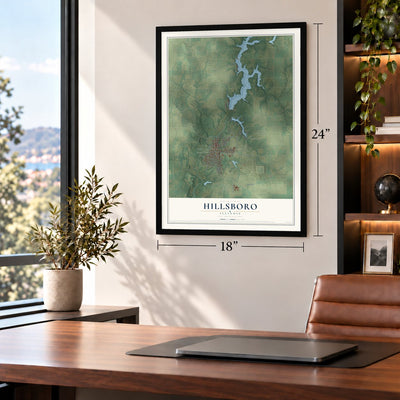 Hillsboro, Illinois map, 18 x 24 inch print in a black frame in a home office