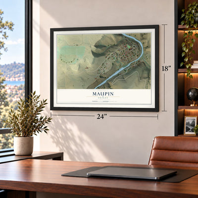 Maupin, Oregon map, 18 x 24 inch print in a black frame in a home office