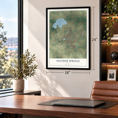 Sulphur Springs, Texas map, 18 x 24 inch print in a black frame in a home office