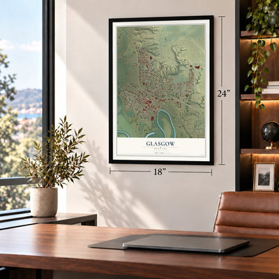 Glasgow, Montana map, 18 x 24 inch print in a black frame in a home office