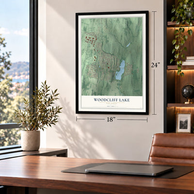 Woodcliff Lake, New Jersey map, 18 x 24 inch print in a black frame in a home office