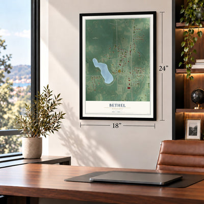 Bethel, Minnesota map, 18 x 24 inch print in a black frame in a home office