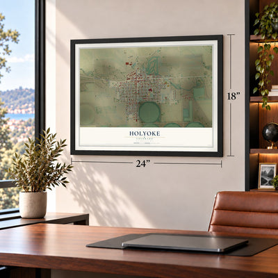 Holyoke, Colorado map, 18 x 24 inch print in a black frame in a home office