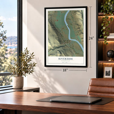 Riverside, Washington map, 18 x 24 inch print in a black frame in a home office