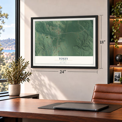 Toxey, Alabama map, 18 x 24 inch print in a black frame in a home office