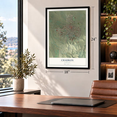 Chadron, Nebraska map, 18 x 24 inch print in a black frame in a home office