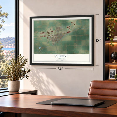 Quincy, Washington map, 18 x 24 inch print in a black frame in a home office