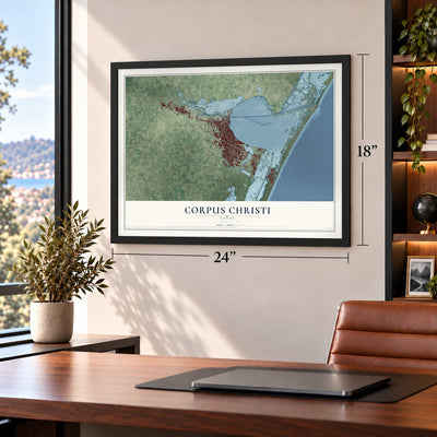 Corpus Christi, Texas map, 18 x 24 inch print in a black frame in a home office