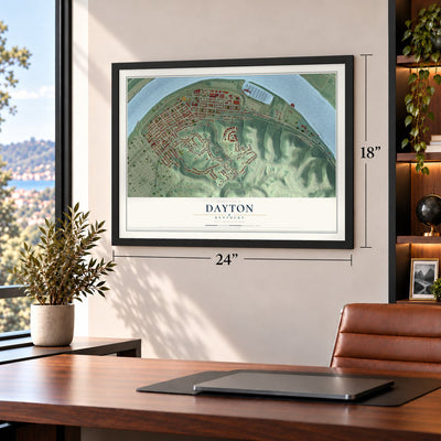 Dayton, Kentucky map, 18 x 24 inch print in a black frame in a home office