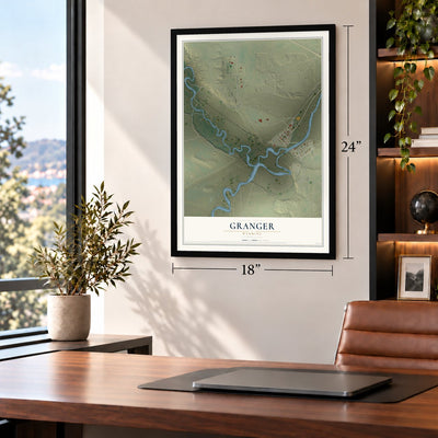 Granger, Wyoming map, 18 x 24 inch print in a black frame in a home office