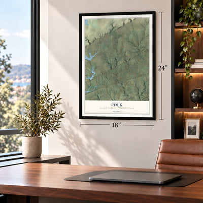 Polk, Monroe County, Pennsylvania map, 18 x 24 inch print in a black frame in a home office