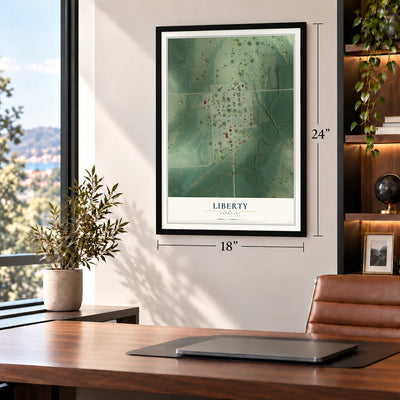 Liberty, Nebraska map, 18 x 24 inch print in a black frame in a home office