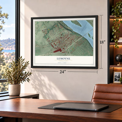 Lemoyne, Pennsylvania map, 18 x 24 inch print in a black frame in a home office