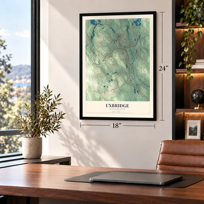 Uxbridge, Massachusetts map, 18 x 24 inch print in a black frame in a home office