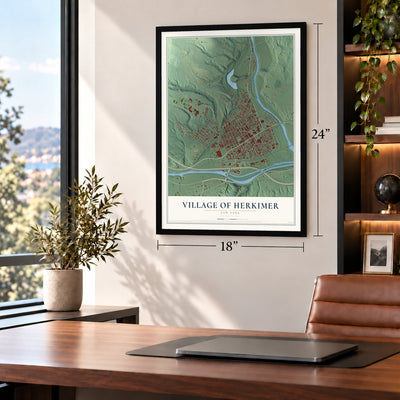 Village of Herkimer, New York map, 18 x 24 inch print in a black frame in a home office
