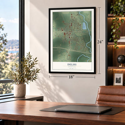 Delhi, Louisiana map, 18 x 24 inch print in a black frame in a home office