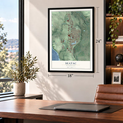 SeaTac, Washington map, 18 x 24 inch print in a black frame in a home office