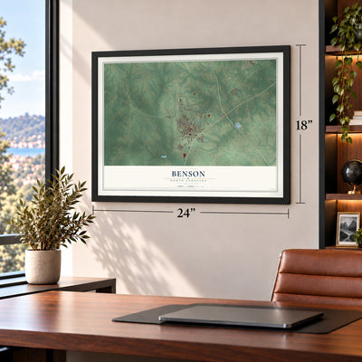 Benson, North Carolina map, 18 x 24 inch print in a black frame in a home office