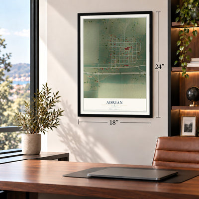 Adrian, Texas map, 18 x 24 inch print in a black frame in a home office