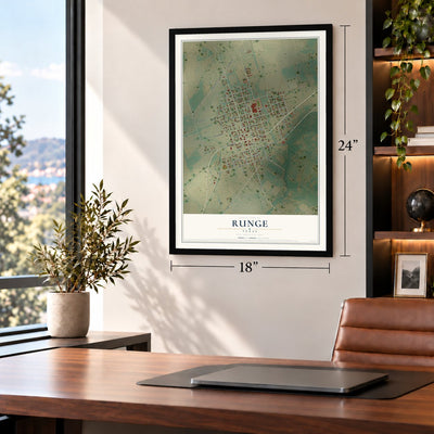 Runge, Texas map, 18 x 24 inch print in a black frame in a home office