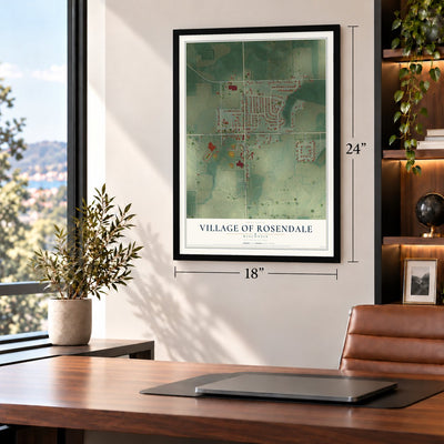Rosendale, Wisconsin map, 18 x 24 inch print in a black frame in a home office