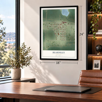 Beardsley, Minnesota map, 18 x 24 inch print in a black frame in a home office