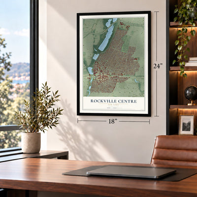 Rockville Centre, New York map, 18 x 24 inch print in a black frame in a home office