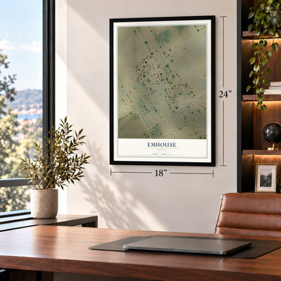 Emhouse, Texas map, 18 x 24 inch print in a black frame in a home office