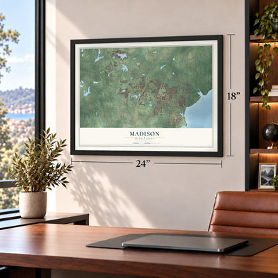 Madison, Mississippi map, 18 x 24 inch print in a black frame in a home office