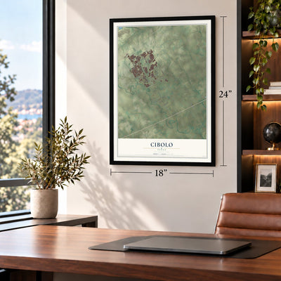 Cibolo, Texas map, 18 x 24 inch print in a black frame in a home office