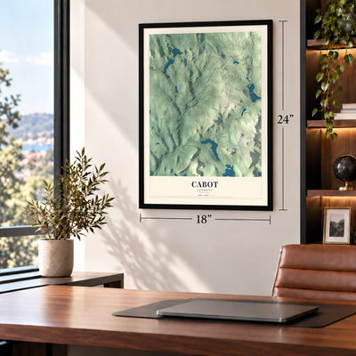 Cabot, Vermont map, 18 x 24 inch print in a black frame in a home office