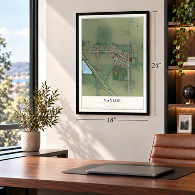 Vanlue, Ohio map, 18 x 24 inch print in a black frame in a home office