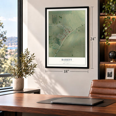 Bassett, Arkansas map, 18 x 24 inch print in a black frame in a home office