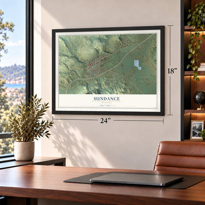 Sundance, Wyoming map, 18 x 24 inch print in a black frame in a home office