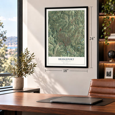 Bridgeport, West Virginia map, 18 x 24 inch print in a black frame in a home office