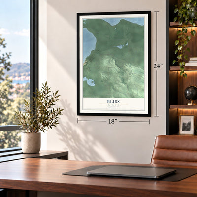 Bliss, Michigan map, 18 x 24 inch print in a black frame in a home office