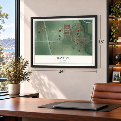 Dayton, Indiana map, 18 x 24 inch print in a black frame in a home office