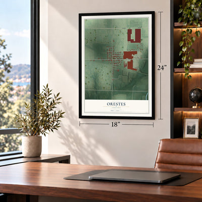 Orestes, Indiana map, 18 x 24 inch print in a black frame in a home office