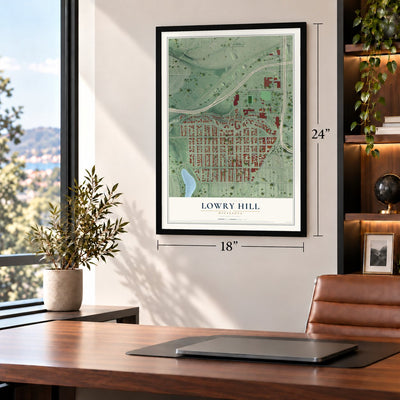 Lowry Hill, Minnesota map, 18 x 24 inch print in a black frame in a home office