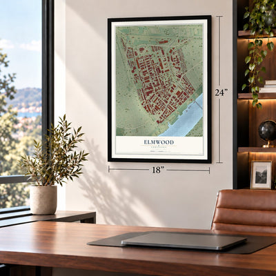 Elmwood, Louisiana map, 18 x 24 inch print in a black frame in a home office