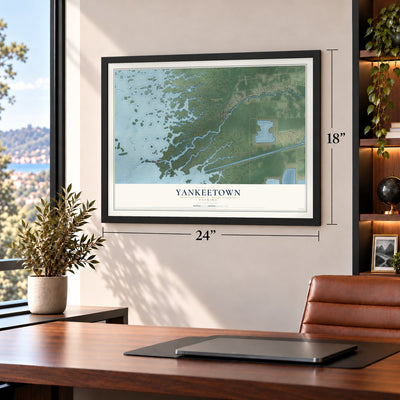 Yankeetown, Florida map, 18 x 24 inch print in a black frame in a home office
