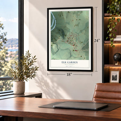 Elk Garden, West Virginia map, 18 x 24 inch print in a black frame in a home office