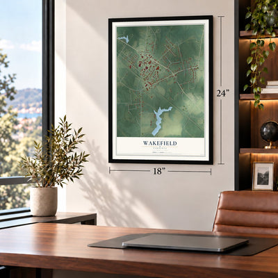 Wakefield, Virginia map, 18 x 24 inch print in a black frame in a home office