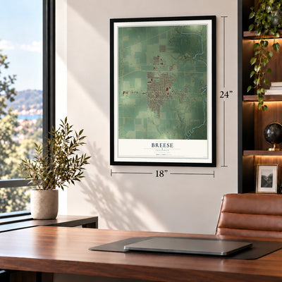 Breese, Illinois map, 18 x 24 inch print in a black frame in a home office