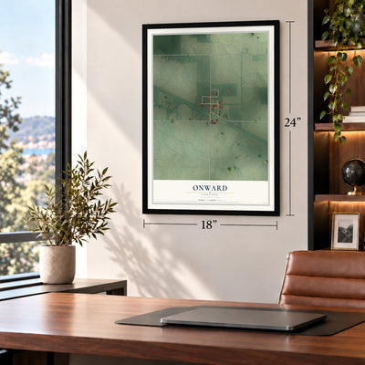 Onward, Indiana map, 18 x 24 inch print in a black frame in a home office