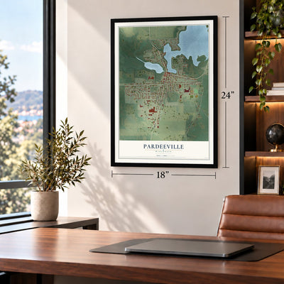 Pardeeville, Wisconsin map, 18 x 24 inch print in a black frame in a home office