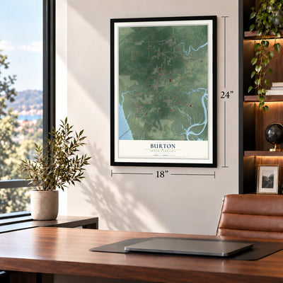 Burton, South Carolina map, 18 x 24 inch print in a black frame in a home office
