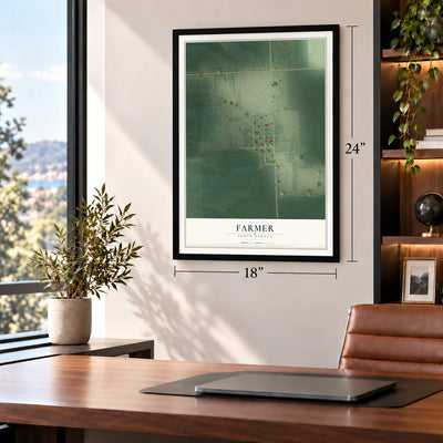 Farmer, South Dakota map, 18 x 24 inch print in a black frame in a home office